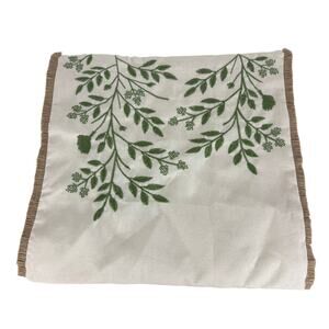 NWOT Decorative Embroidered Vines Boho Green/Beige Fringe Pillow Cover 17x17